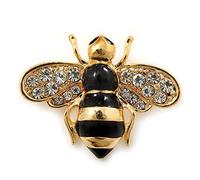 Small Black Enamel Crystal 'Bee' Brooch In Gold Plating - 35mm Across