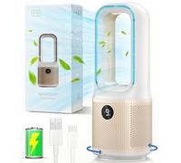 Small Bladeless Desk Fan Quiet, 14 Inch USB Rechargeable Table Fan with 5000mAh Battery, 60° Oscillating 9 Speeds Touch Control, 3 Light Modes, Mini Portable Fan for Office Bedroom Living Room
