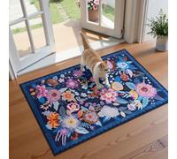Small Blue 2x3 Entryway Bathroom Rug Front Boho Floral Door Rug Indoor Entrance, Washable Small Rugs for Kitchen Floor Kids Room Entry, Low Pile Non Slip, Carpet Colorful Whimsical Print Home Décor