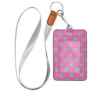 Small Blue Flowers Pink Background Leather Card Badge Holder with Lanyard and 3-Card Capacity id Holder for Office Shcool Hospital & Driver Licence