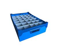 Small Blue Glassware Storage Box and Lid - Glassjacks, 35 cells, Shot Glass Storage, Glass Max Width 65mm, Glass Max Height 120mm, Delivered Fully Assembled.