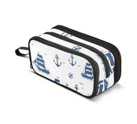 Small Blue Ships Pencil Case, Large Capacity Pen Bag for Boys Girls 3 Compartment Pencil Pouch Students Stationery Organizer Marker Case for School Office Work