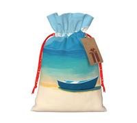 Small Boat On The Seashore Gift Bag - Festive Full-Print Drawstring Pouch For Holiday, Birthday & Party Presents - Premium Lightweight Polyester Fabric With Kraft Tag Accent
