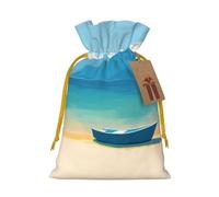Small Boat On The Seashore Gift Bag - Festive Full-Print Drawstring Pouch For Holiday, Birthday & Party Presents - Premium Lightweight Polyester Fabric With Kraft Tag Accent