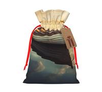 Small Boat on The Water Printed Christmas Drawstring Bags Reusable Xmas Bag for Party Xmas Gift Wrapping, Red Ribbon, S