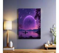 Small Boat Under The Moon Canvas Wall Art 50 x 40 cm Reproduction Oil Painting starry sky meteor purple Giclee Print Framed Poster for Living Room Office Decoration