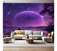 Small Boat Under The Moon Wall Murals for Living Room Starry Sky Meteor Purple 3D Print Photo Wallpaper Luxury Design Modern Non-Woven Wall Mural Sofa TV Kids Bedroom Decoration 200 x 140cm