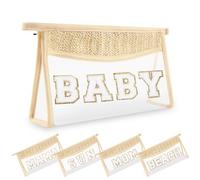 Small Boho Straw Clear Makeup Bags for Women&Girls, Zipper Cosmetic Bag Chenille Varsity Letter Patch Bag, Preppy Cute Toiletry Pouch, Trendy Organizer Storage Bag for Beach Travel, Beige Baby