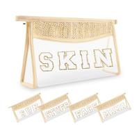 Small Boho Straw Clear Makeup Bags for Women&Girls, Zipper Cosmetic Bag Chenille Varsity Letter Patch Bag, Preppy Cute Toiletry Pouch, Trendy Organizer Storage Bag for Beach Travel, Beige Skin