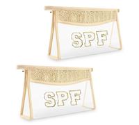 Small Boho Straw Clear Makeup Bags for Women&Girls,Zipper Cosmetic Bag Chenille Varsity Letter Patch Bag,Preppy Cute Toiletry Pouch,Trendy Organizer Storage Bag for Beach Travel Essentials,SPF+SPF