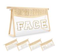 Small Boho Straw Clear Makeup Bags for Women&Girls, Zipper Cosmetic Bag Chenille Varsity Letter Patch Bag, Preppy Cute Toiletry Pouch, Trendy Organizer Storage Bag for Beach Travel, Beige Face