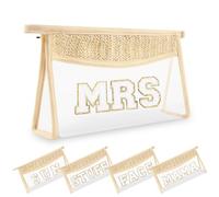 Small Boho Straw Clear Makeup Bags for Women&Girls, Zipper Cosmetic Bag Chenille Varsity Letter Patch Bag, Preppy Cute Toiletry Pouch, Trendy Organizer Storage Bag for Beach Travel, Beige Mrs,