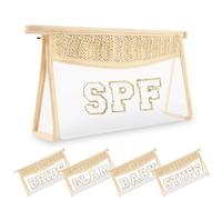 Small Boho Straw Clear Makeup Bags for Women&Girls, Zipper Cosmetic Bag Chenille Varsity Letter Patch Bag, Preppy Cute Toiletry Pouch, Trendy Organizer Storage Bag for Beach Travel, Beige SPF