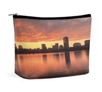 Small Boston Charles River City Skyline Sunset Makeup Bag Pu Leather Makeup Pouch Portable Travel Toiletry Bags with Zipper Waterproof Cosmetic Pouch Lipstick Cosmetic Accessories Organizer Gifts