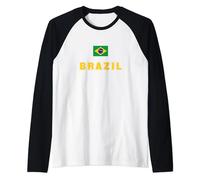 Small Brazilian Flag Brazil Varsity Style Yellow Text Proud Raglan Baseball Tee