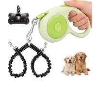 Small Breed Dual Retractable Dog Leash (Up to 44 Lbs Each) One-Button Break and Lock, Non-Slip Grip, Double-Headed, 16-Foot Extendable Pet Leash with Poop Bags, and 360° Tangle-Free (Green, Medium)