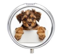 Small Brown Dog Round Pill Box 3 Compartment Medicine Pill Organizer with Mirror Travel Small Pill Case Cute Vitamin Organizer Portable Daily Pill Container for Pocket Purse