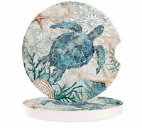 Small Car Coasters for Cup Holders 2.65" Absorbent 2 Pack Car Coaster Ceramic Stone for Drinks Auto Coasters for Cup Holders, Ceramic Car Accessories Coasters Absorb Sea Turtle Ocean Animal Landscape
