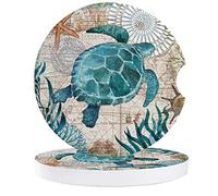 Small Car Coasters for Cup Holders 2.65" Absorbent 2 Pack Car Coaster Ceramic Stone for Drinks Auto Coasters for Cup Holders, Ceramic Car Accessories Coasters Absorb Sea Turtle Ocean Animal Landscape