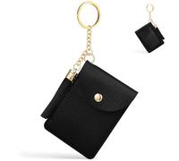 Small Card Holder Keychain with Keyring and Tassel, Black PU Leather | Button Closure, Coin Pocket for Office Access and Travel, Quick Id Reach for Students and Minimal Carry