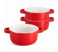 Small Casserole Dishes for Oven, Set of 3 Ceramic Baking Dishes with Handles, 550ml Solid Red Outside White Inside Ovenproof Mini Ramekins Bakeware for Lasagna, Pie, Tapas & Soufflé