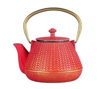 Small Cast Iron Tea Kettle for Stovetop, Red Tea Pot Coated Enameled Interior, Durable Stainless Steel Infuser Teapot for Loose Leaves (1000ml)