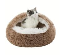 Small Cat Cave Pet Bed, Semi-closed Hooded Cat Beds Kitten Puppy House Sleep Cushion, Windproof Pet Plush Igloo with Non-Slip Bottom, Washable Warm Kennel (Brown,XL-60cm)