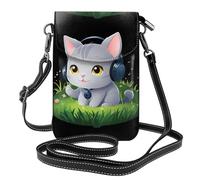 Small Cell Phone Purse 7.6x4.9in MSRHIUEF Little gray cat listening to music on the grass Printed Fashionable, Practical, Multifunctional Leather Crossbody Flap Phone Case for Women