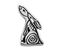 Small Celtic Spiral Moon Gazing Hare Pin Badge in a Burlap Pouch