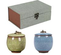 Small Ceramic Memorial Mini Ashes Urns for Human or Pet, Holding 5.5 Cubic Inches, Beautiful Sharing Funeral Urns with Exquisite Box (Green + Light Blue)