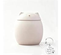Small Ceramic Pet Urn- Handcrafted Dog Cat urn,Memorial Gifts Ashes Urn for Cat Small Animals Ashes Holder with Exquisite Keychain (White, 500ml-Cat)