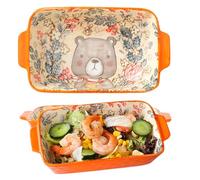 Small Ceramics Rectangular Baking Dishes with Handle for Oven and Microwave, Lasagna Casserole Pan, Non-stick Roasting Dish, Suitable for Soufflé, Caramel Pudding, Lasagna, Tiramisu, Pudding (Orange)