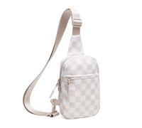 Small Checkered Crossbody Sling Bag Chest Bag Water Resistant Fanny Pack Running Phone Holder for Women Men Workout Travelling Hiking, Beige, M, Fashion