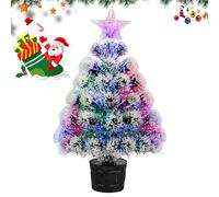 Small Christmas Tree Fiber Optic, 53cm Mini Artificial Xmas Tree, Battery Operated Pre-lit Snow Flocked Tabletop Christmas Tree with Multicolor Lighted Treetopper, Window Indoor Decoration