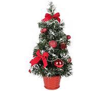 Small Christmas Tree With Lights, Mini Desktop Decoration for Home Office Shopping Bar, Snow Flocked Pine Xmas Tree (Red)