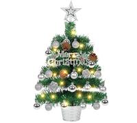 Small Christmas Tree with Lights,Silver Tabletop Artificial Christmas Tree Battery Operated, Mini Prelit Christmas Pine Tree with All Ornaments for Desk,Office,Xmas(50cm)