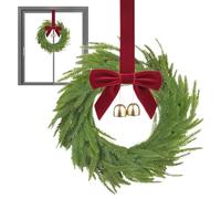 Small Christmas Wreath, Christmas Front Door Wreaths, Artificial Cedar Wreath With Red Bow And Bells, Hanging C-hristmas Greenery Garland For Window, Wall, Door, Cabinet, Stair Decor