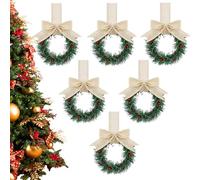 Small Christmas Wreath | Christmas Kitchen Decorations | 6 Pack Christmas Garland With Red Berry And Ribbon | Artificial Greenery Christmas Wreaths For Christmas Kitchen Cabinets Decorations