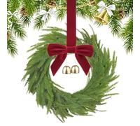 Small Christmas Wreath - Seasonal Artificial Decorations with Red Bows and Bells, Rustic Christmas Wreath, for Indoor Outdoor Fireplace Door Cupboard Kitchen Window