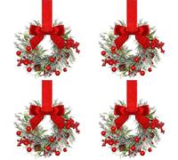 Small Christmas Wreath with Berry & Red Velvet Bow Ribbon and Pinecone,Mini Wreaths for Cabinets,for Windows Kitchen Front Door Candle Rings Fireplaces Table Centerpiece Indoor Outdoor Decorations