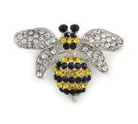 Small Clear/Black/Yellow Crystal Bee Brooch In Silver Tone Metal - 35mm Across
