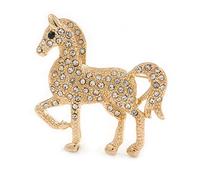 Small Clear Crystal Horse Brooch In Gold Tone Metal - 38mm