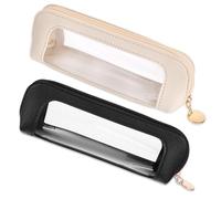 Small Clear Makeup Bag, 2 Pcs PU Leather Makeup Brush Bag Portable Transparent Waterproof Small Cosmetic Organizer Pouch with Zipper for Women Home Travel Office Cosmetic Storage (White, Black)