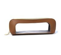 Small Clear Makeup Bag, PU Leather Clear Cosmetic Bag with Zipper, Compact Makeup Brush Organizer for Travel, Toiletry (Brown)| Cosmetic