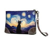 Small Clutch Purses for Women - Cat Under Starry Skies Leather Wristlet Wallets for Women with Wrist Strap