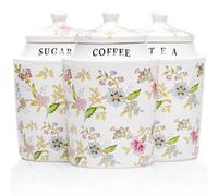 Small Coffee Tea Sugar Canister Set with Airtight Lids - Elegant Flower Kitchen Canisters Set of 3 Pantry Jars Containers - Decorative Ceramic Canister Set for Countertop or Coffee Bar - 13.5 Ounce