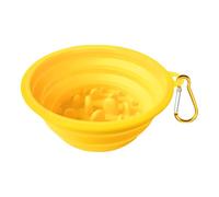 Small Collapsible Dog Bowls (12oz), 1 Pack Pet Travel Foldable Bowl and Slow Feeding Frisbee with Carabiners, Healthy, Soft Silicone, Portable Essential Set for Walking, Travel, and Hiking (Yellow)