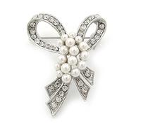 Small Contemporary Imitation Pearl Crystal Bow Brooch In Silver Plating - 4.5cm Length