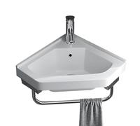 Small Corner Wall Mount Bathroom Sink, Modern Vessel Sink with Faucet Drain Towel Bar, Triangle White Ceramic Basin with Faucet and Overflow