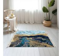 Small Cotton Boho Area Rugs abstract blue marble fake stone texture liquid paint gold Washable Hessian Bohemian Throw Tassel Printed Woven Rug Carpet for Bedroom, Living Room, Bathroom
